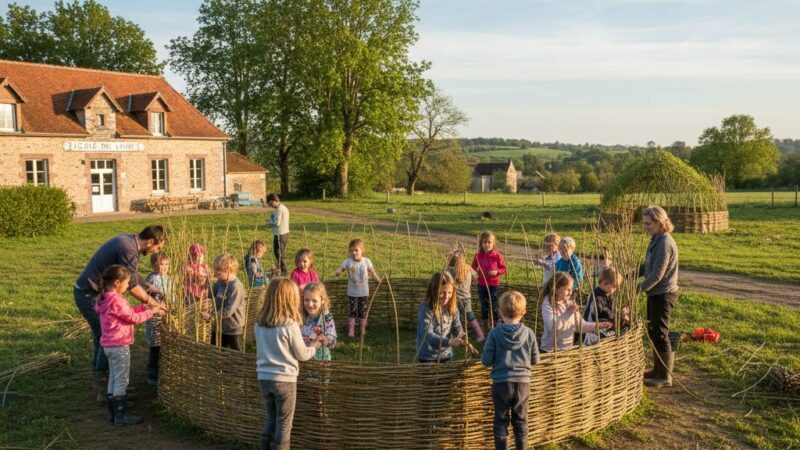 Élèves de l&rsquo;école du Luart : initiés au plessage pour construire leurs cabanes vivantes.