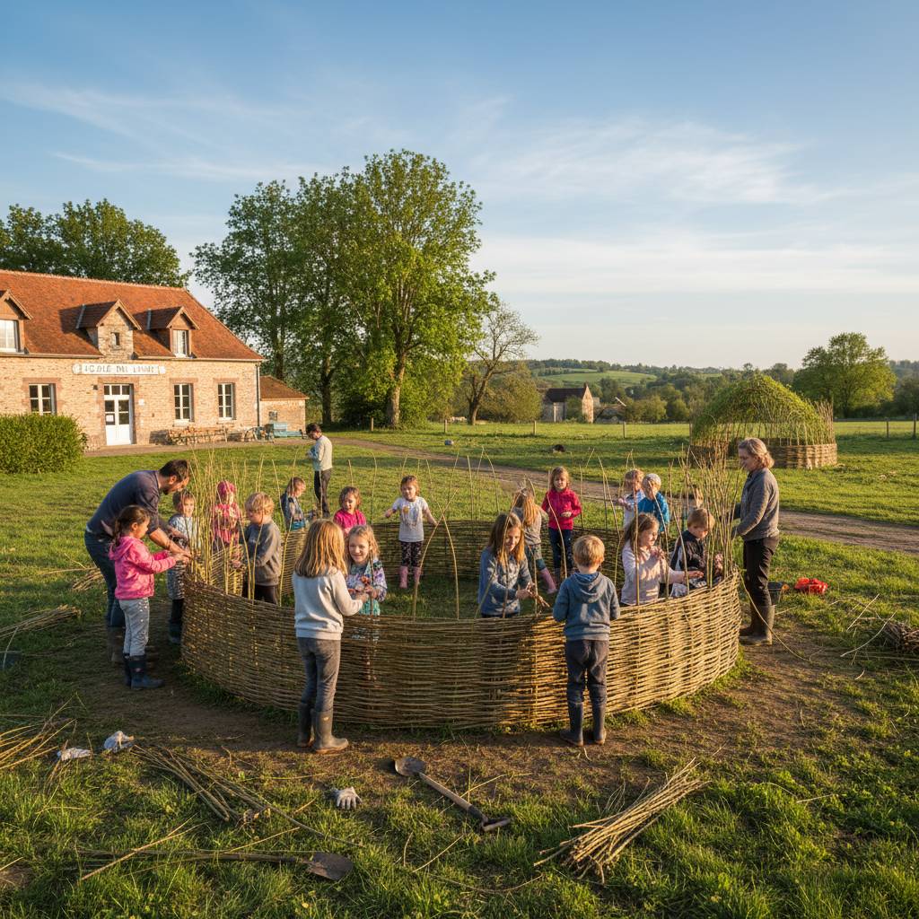 Élèves de l&rsquo;école du Luart : initiés au plessage pour construire leurs cabanes vivantes.