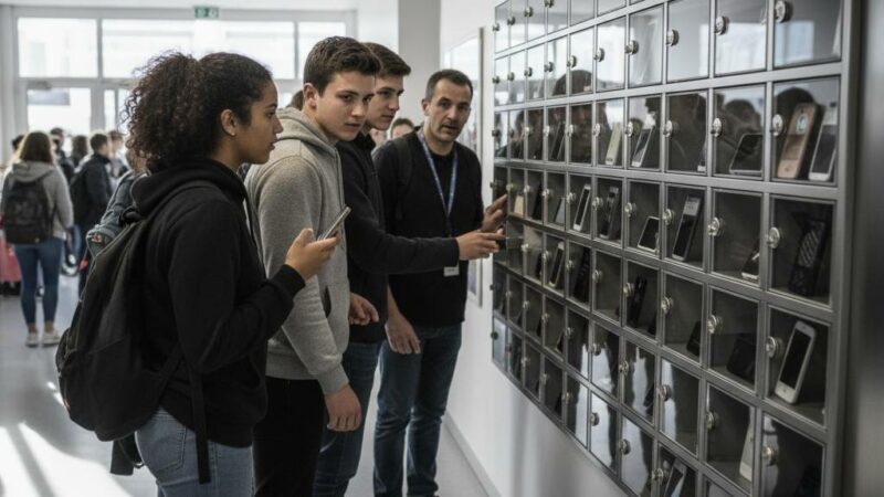 Telephones confisques a l&rsquo;entree des classes pour les eleves de ce lycee